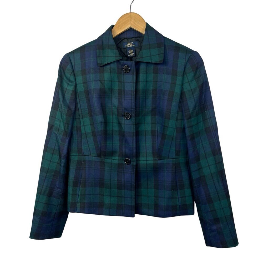 Lands End Blackwatch Plaid Blazer Jacket Size 6 Blue Green Plaid Button